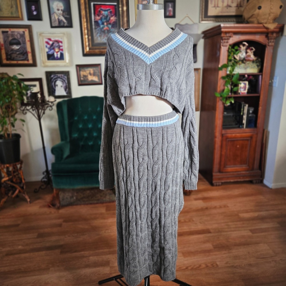 CIDER Grey Cable Knit Cropped Sweater Maxi Skirt Set Women's Size L - Picture 1 of 6